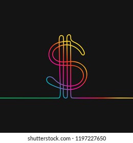 One line drawing of dollar sign, Rainbow colors on black background vector minimalistic linear illustration made of continuous line