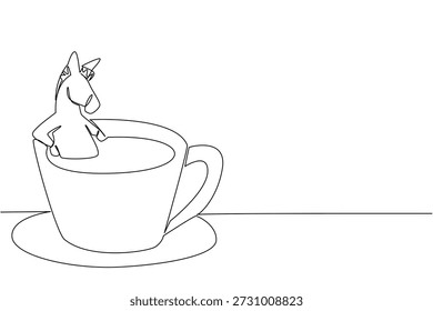 Eine Linie Zeichnung des Esels zeigt süße Tier Einweichen in Kaffeetasse für Naturkonzept. Einzigartiges Design verfügt über Bauernhof Kreatur für ein internationales Café Tag Thema in einem minimalistischen und Kinder Malbuch