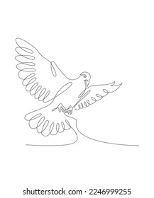 One line drawing of a dove in flight. Bird symbol of peace and freedom in simple terms. Doodle vector illustration.