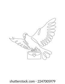 One line drawing of dove flying, carrying heart message.
Bird symbol of peace and freedom in simple terms. Doodle vector illustration.