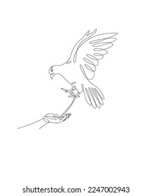 One line drawing of a dove flying,to land on hand.
Bird symbol of peace and freedom in simple terms. Doodle vector illustration.