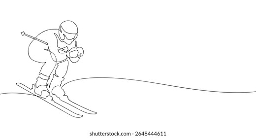 One line drawing of a downhill skier in action, showcasing winter speed and motion in a clean minimalist outline on snow.
