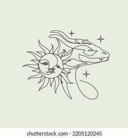 One line drawing of dragon with moon and sun logo identity. Magical legend art association tattoo. One line art design illustration. Magic poster 