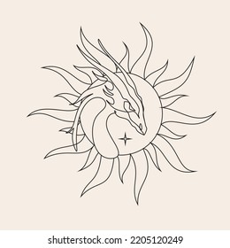 One line drawing of dragon with moon and sun logo identity. Magical legend art association tattoo. One line art design illustration. Magic poster 