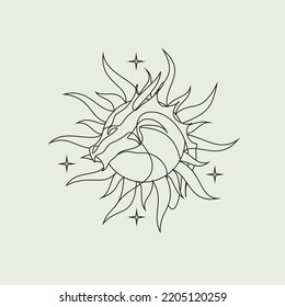 One line drawing of dragon with moon and sun logo identity. Magical legend art association tattoo. One line art design illustration. Magic poster 