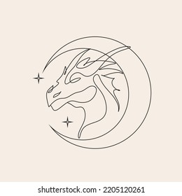 One line drawing of dragon with moon and sun logo identity. Magical legend art association tattoo. One line art design illustration. Magic poster 