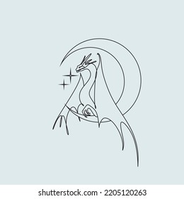 One line drawing of dragon with moon and sun logo identity. Magical legend art association tattoo. One line art design illustration. Magic poster 