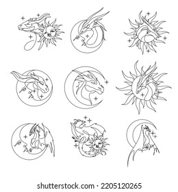 One line drawing of dragon with moon and sun logo identity. Magical legend art association tattoo. One line art design illustration. Magic poster 
