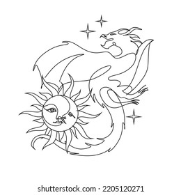 One line drawing of dragon with moon and sun logo identity. Magical legend art association tattoo. One line art design illustration. Magic poster 