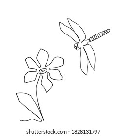 Icono de la libélula de dibujo de una línea u odonata en estilo de arte de esbozo. Dibujo de línea continua de flor, Damselflies Ilustración de un solo vector de contorno