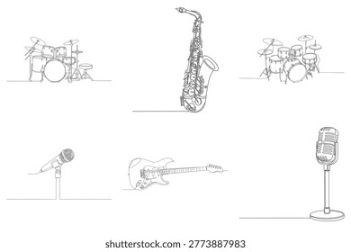 One line drawing of drum kit, saxophone, electric guitar, microphone.