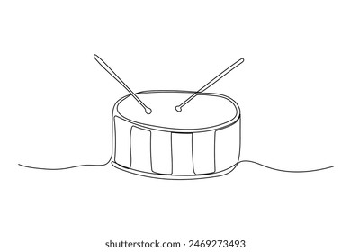 One line drawing drum with two sticks. Musical instrument sketch. Continuous drum baby toys vector illustration