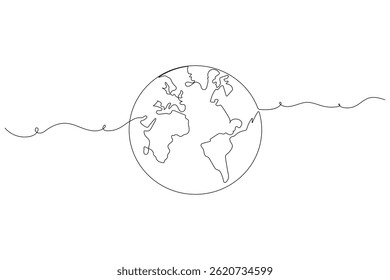 One Line Drawing of Earth Globe – Minimalist World Map, Global Concept, Eco-Friendly Vector Illustration