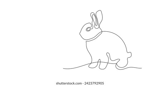 One line drawing of Easter Bunny on backhround with Copy space. Cute Rabbit silhouette with ears and Editable stroke for spring design greeting card and web banner. Outline Vector illustration.