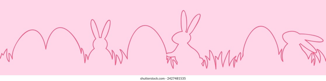 One line drawing of Easter eggs and rabbits. Minimalist style decoration. Banner. Vector illustration