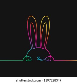 One line drawing of easter rabbit, Rainbow colors on black background vector minimalistic linear illustration made of continuous line
