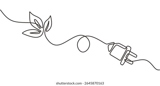 Desenho de uma linha de um eco plug com uma folha que simboliza economia de energia, ideal para um infográfico de sustentabilidade ou ícone de produto verde.