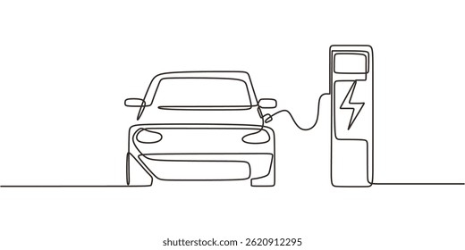 One Line Drawing Electric Car Charging Station. Clean Energy Innovation Concept Vector.