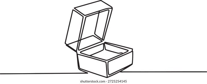 Einzeilige Zeichnung einer eleganten offenen Schmuckschachtel, perfekt zum Präsentieren von kostbaren Gegenständen oder als Geschenkpräsentation. Moderne minimalistische Kunst, die einen leeren dekorativen Behälter mit einem aufklappbaren Deckel darstellt. Einfaches Einzelstrich-Kunstwerk einer Aufbewahrungsbox, bereit für besondere Anlässe. Konturdarstellung einer Luxusartikelverpackung.