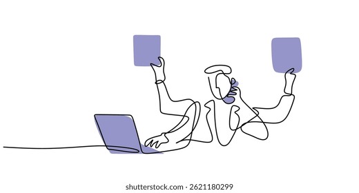 Una Línea Dibujo Empleado Trabajando Multitarea. Arte vectorial de Productividad Eficiencia.