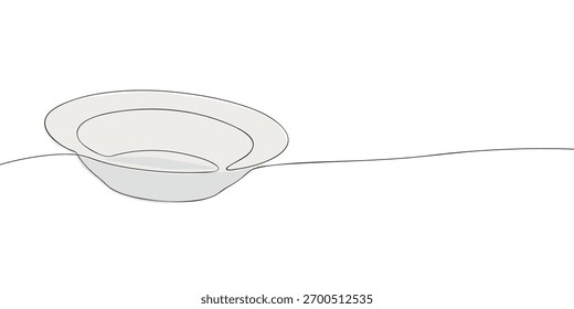 One line drawing of an empty soup plate. Minimal continuous line art for restaurant, kitchen, and tableware design.
