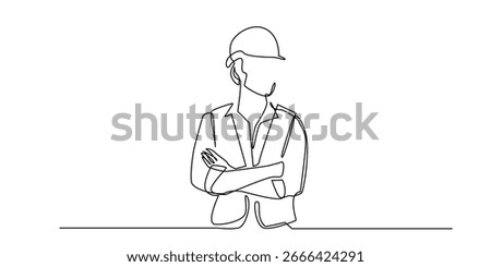 One line drawing of engineer or architect wearing safety helmet and jacket, standing with folded arms. Minimalist continuous line art representing construction, project manager, or leadership