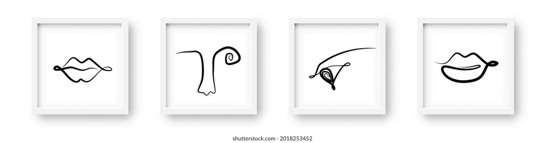 One Line Drawing Eyes, Lips, Nose. Beauty Ink Sight in Sketch Art Style, Continuous Line Draw Symbols, Outline Vector Illustration for Interior Design, Picture Printing