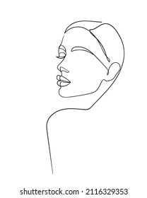 One Line Drawing Face. Abstract Woman Portrait. Modern Minimalism Art. - Vector Illustration