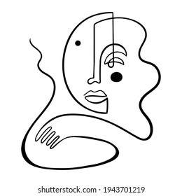 One line drawing face. Contemporary Matisse inspired art print. Modern minimalism, aesthetic contour. Beautiful abstract woman portrait minimalist style. Continuous line vector illustration