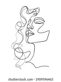 One Line Drawing Face And Hair. Abstract Woman Portrait.  Modern Minimalism Art. - Vector Illustration