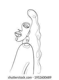 One line drawing face and hair. Abstract woman portrait.  Modern minimalism art. - Vector illustration