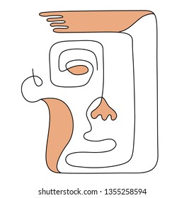 One line drawing face with hand. Modern minimalist art, aesthetic contour. Continuous line man portrait in the ethnic style. Vector illustration