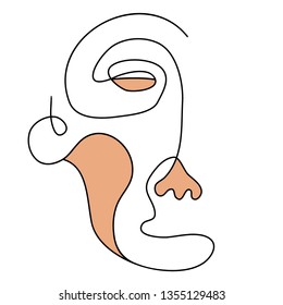 One line drawing face. Modern minimalism art, aesthetic contour. Abstract man portrait ethnic style. Single line vector illustration