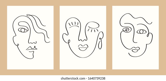 One line drawing faces vector illustrations set. Modern poster. Fashion woman portrait, minimalistic style. Abstract continuous linear art
