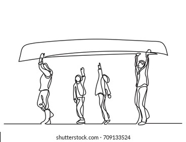 one line drawing of family carrying kayak