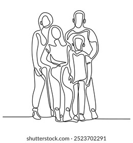 One line drawing of a family. Father, mother, and children. Minimalist design illustrating unity and togetherness. Vector illustration.