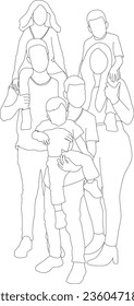 one line drawing family group and outline vector on white background