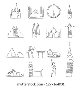 One line drawing famous landmarks of the world