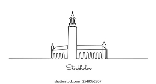 A one line drawing of Stockholm’s famous landmarks. Simple and minimalist vector illustration for urban concept designs.