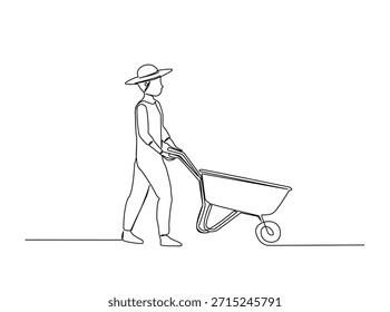 Um desenho de linha do fazendeiro andando com a carriola. Linha contínua de arte minimalista do homem empurrando o carrinho de mão.