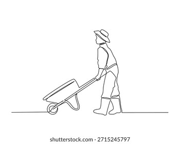 Um desenho de linha do fazendeiro andando com a carriola. Linha contínua de arte minimalista do homem empurrando o carrinho de mão.