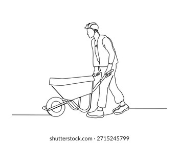Um desenho de linha do fazendeiro andando com a carriola. Linha contínua de arte minimalista do homem empurrando o carrinho de mão.