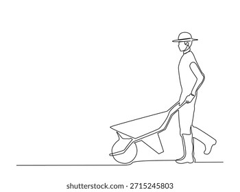 Um desenho de linha do fazendeiro andando com a carriola. Linha contínua de arte minimalista do homem empurrando o carrinho de mão.