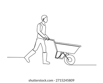 Dibujo de una línea de agricultor caminando con carretilla. Minimalista arte de línea continua del hombre empujando carretilla.