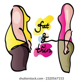 One line drawing of fat and thin woman
One continuous line drawing of obesity illustration.