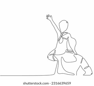 One line drawing of father and daughter in bye bye action pose. Parents and father day single line art vector illustration