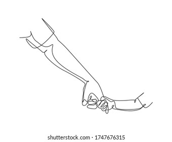 One line drawing of father giving hand to his child. Parenting mother care in continuous line drawing design style. Parental concept. Modern continuous line draw vector graphic illustration