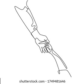 One line drawing of father giving hand to his child. Mother care in continuous line drawing design style. Parental concept vector illustration