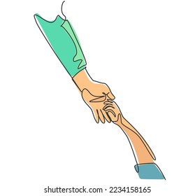 One line drawing of father giving hand to his child. Mother care in continuous line drawing design style. Parental concept vector illustration