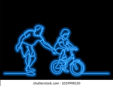 one line drawing of father helping child to drive bicycle with neon vector effect